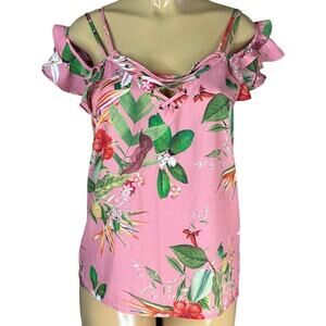 Express Cold Shoulder Flounce Sleeve Tank Top Pink Tropical Floral Size Medium